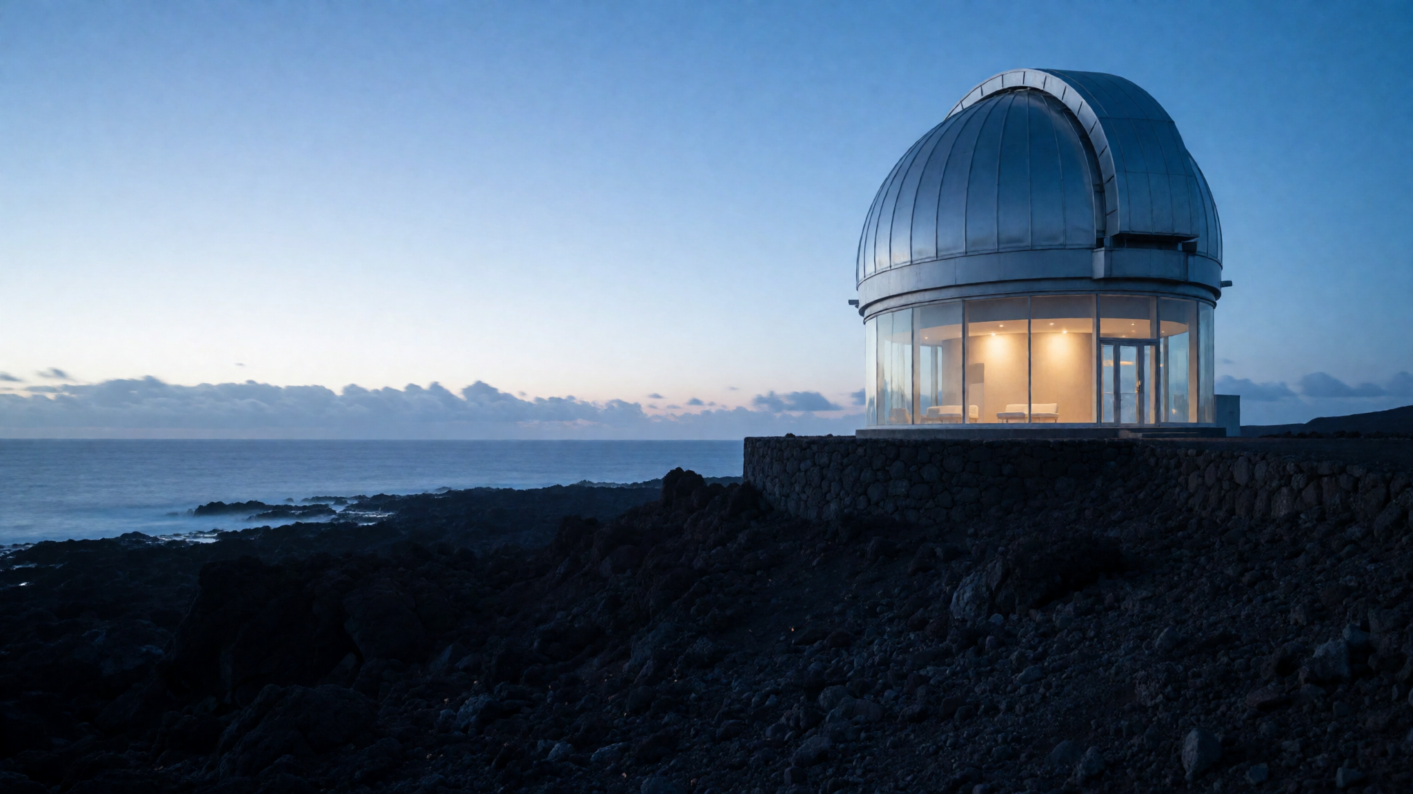 Source image: a glass observatory on a rocky coast at dusk